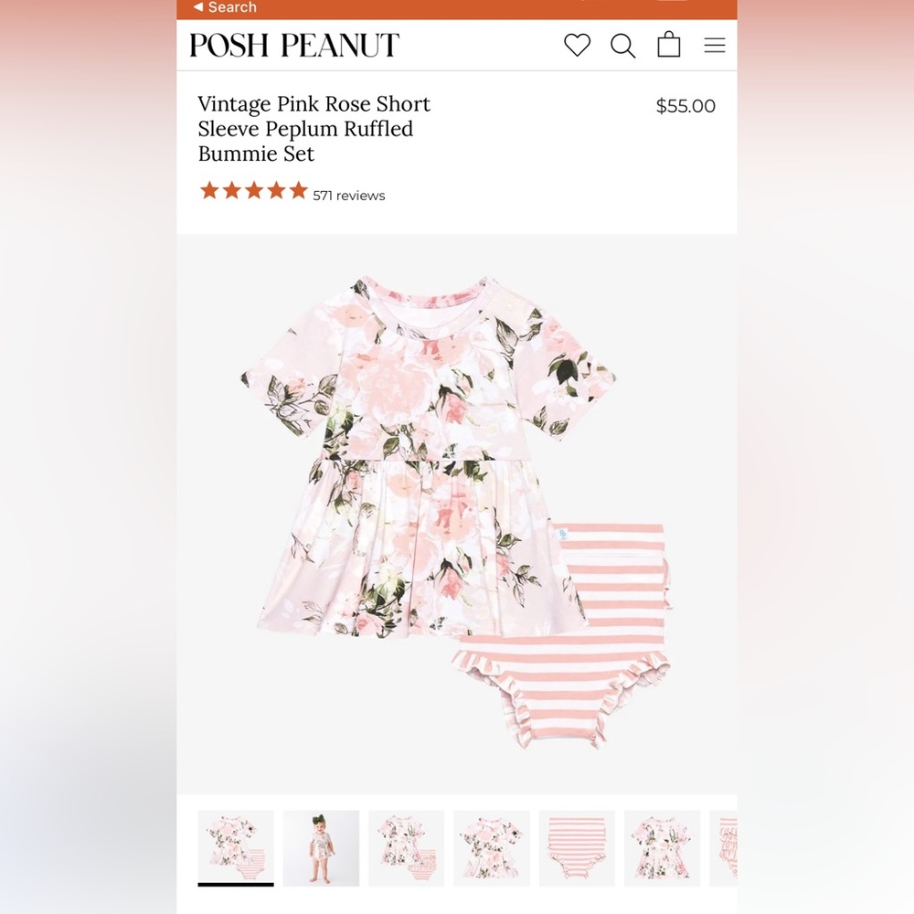 6-12m POSH PEANUT vintage pink rose short sleeve peplum ruffled bummie set $25